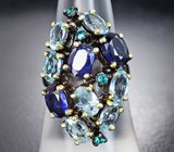 Серебряное кольцо с кианитами, голубыми топазами и «неоновыми» апатитами