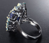 Серебряное кольцо с кианитами, голубыми топазами и «неоновыми» апатитами Серебро 925