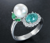 Чудесное серебряное кольцо с жемчужиной, редким грандидьеритом и изумрудами