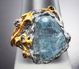 Серебряное кольцо с грубообработанным аквамарином 9,7 карата и синими сапфирами Серебро 925