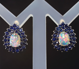 Шикарные серебряные серьги с эфиопскими опалами и синими сапфирами бриллиантовой огранки