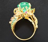 Золотое кольцо с крупным ярким уральским изумрудом 7,42 карата, танзанитами, рубинами и бриллиантами