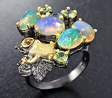 Серебряное кольцо с кристаллическими эфиопскими опалами, перидотами, голубым топазом и цитрином