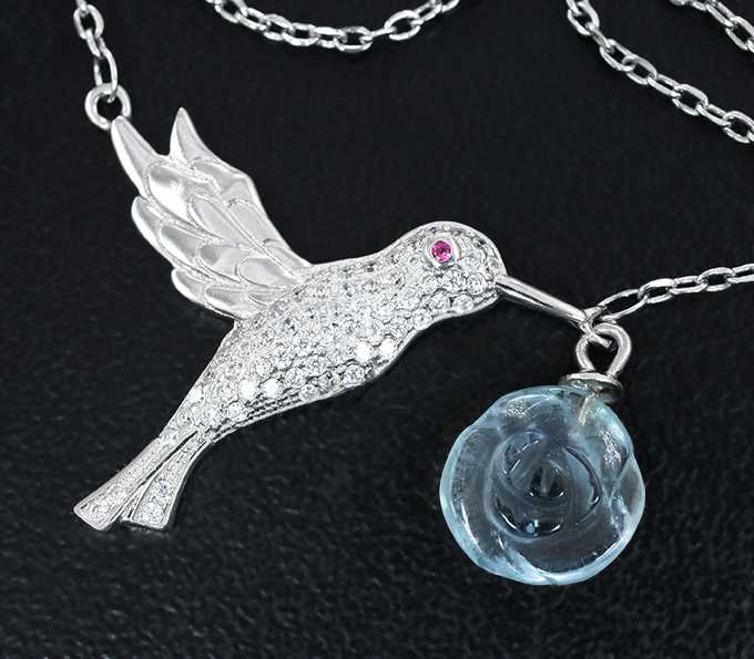 Серебряное колье из коллекции «Drops» с резным аквамарином и розовым сапфиром