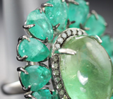 Серебряное кольцо с зеленым турмалином 11,51 карата, изумрудами и бриллиантами