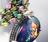 Серебряное кольцо с кристаллическим черным опалом 6,61 карата, разноцветными турмалинами и бриллиантами