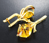 Золотые серьги с крупными золотистыми гелиодорами авторской огранки 8,51 карата, желтыми сапфирами и бриллиантами Золото