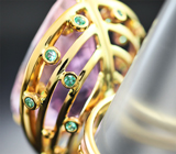Золотое кольцо с роскошным чистейшим кунцитом 48,75 карата, мятно-зеленым турмалином, уральскими изумрудами и бриллиантами Золото
