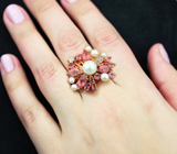 Роскошное серебряное кольцо с жемчугом и розовыми турмалинами Серебро 925