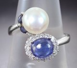Замечательное серебряное кольцо с синими сапфирами и жемчугом Серебро 925