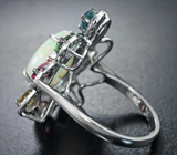 Серебряное кольцо с кристаллическим эфиопским опалом 4,32 карата, разноцветыми турмалинами и бриллиантами