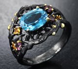 Серебряное кольцо c голубым топазом, родолитами и цитринами Серебро 925