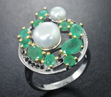 Оригинальное серебряное кольцо с жемчугом, изумрудами и черными шпинелями Серебро 925