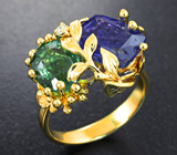Золотое кольцо с «неоновым» турмалином 3,49 карата, танзанитом 5,26 карата и бриллиантом