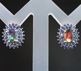 Серебряные серьги с кристаллическими черными опалами и синими сапфирами бриллиантовой огранки