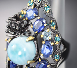 Серебряное кольцо с ларимаром, кианитами, голубыми топазами Серебро 925