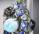 Серебряное кольцо с ларимаром, кианитами, голубыми топазами