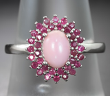 Чудесное серебряное кольцо с перуанским розовым опалом и рубинами Серебро 925
