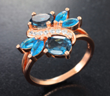 Чудесное серебряное кольцо с насыщенно-синими топазами и «неоновыми» апатитами