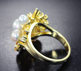 Романтичное серебряное кольцо с жемчугом, цитринами, резным перламутром и цветной эмалью Серебро 925