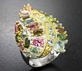 Серебряное кольцо с разноцветными турмалинами и голубыми топазами