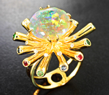 Золотое кольцо с ограненным эфиопским опалом 5,57 карата, гранатами, сапфирами и бриллиантами