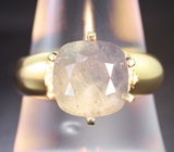 Золотое кольцо с крупным уральским александритом морской волны 3,98 карата и бриллиантами