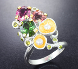 Серебряное кольцо с разноцветными турмалинами и жемчугом