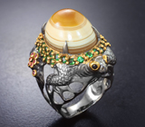 Серебряное кольцо с агатом 25,94 карата, цаворитами, оранжевыми сапфирами и черными шпинелями Серебро 925