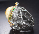Серебряное кольцо с агатом 25,94 карата, цаворитами, оранжевыми сапфирами и черными шпинелями Серебро 925