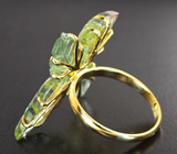 Золотое кольцо с резными пастельно-зелеными турмалинами 9,29 карата и розовым сапфиром Золото