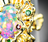 Массивное золотое кольцо с крупным ограненным эфиопским опалом 5,24 карата, сапфирами, цаворитами и бриллиантами