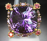 Серебряное кольцо с аметистом лазерной огранки 15,59 карата, родолитами и оранжевыми сапфирами