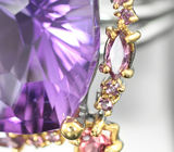 Серебряное кольцо с аметистом лазерной огранки 15,59 карата, родолитами и оранжевыми сапфирами