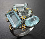 Серебряное кольцо с аквамаринами 14,5 карата и синими сапфирами Серебро 925