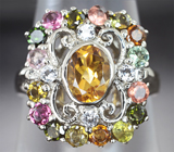 Великолепное серебряное кольцо с цитрином, разноцветными турмалинами и бесцветными топазами