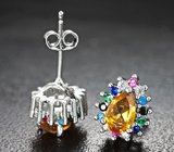 Яркие серебряные пусеты с цитринами и бирюзой