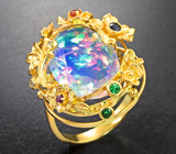 Золотое кольцо с топовым ограненным эфиопским опалом 6 карат, самоцветами и бриллиантами