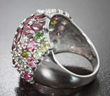 Роскошное серебряное кольцо с родолитами и разноцветными турмалинами Серебро 925