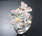 Серебряное кольцо с черным опалом, жемчугом, розовым турмалином, родолитами и перидотами Серебро 925