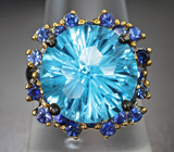 Серебряное кольцо с голубым топазом лазерной огранки 12,12 карата и синими сапфирами Серебро 925