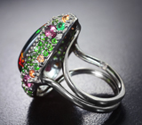 Серебряное кольцо с кристаллическим черным опалом 5,72 карата и самоцветами