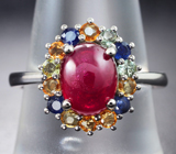 Серебряное кольцо с ярким рубином и разноцветными сапфирами Серебро 925