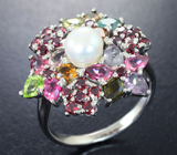Праздничное серебряное кольцо с жемчужиной, разноцветными турмалинами и родолитами Серебро 925