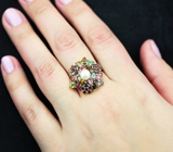 Праздничное серебряное кольцо с жемчужиной, разноцветными турмалинами и родолитами Серебро 925