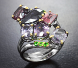 Серебряное кольцо с разноцветными шпинелями 6,68 карата и диопсидами Серебро 925