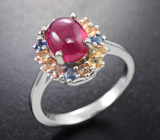 Яркое серебряное кольцо с рубином и разноцветными сапфирами Серебро 925