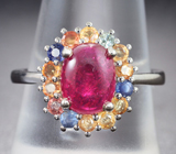 Яркое серебряное кольцо с рубином и разноцветными сапфирами