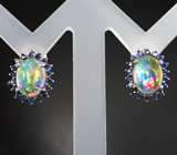 Великолепные серебряные серьги с кристаллическими эфиопскими опалами и синими сапфирами Серебро 925