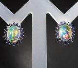 Великолепные серебряные серьги с кристаллическими эфиопскими опалами и синими сапфирами